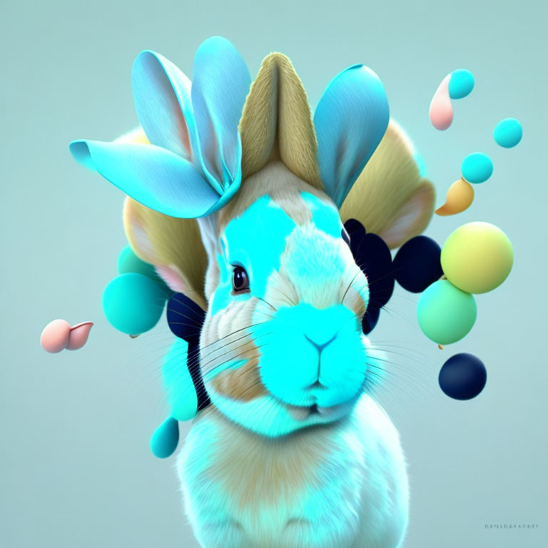 Colorful digital illustration: blue and white rabbit with oversized ears and floating spheres