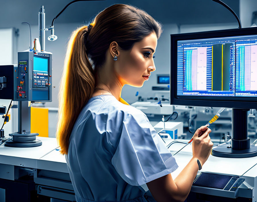 Professional woman in lab coat pipetting sample in modern laboratory with data on monitors