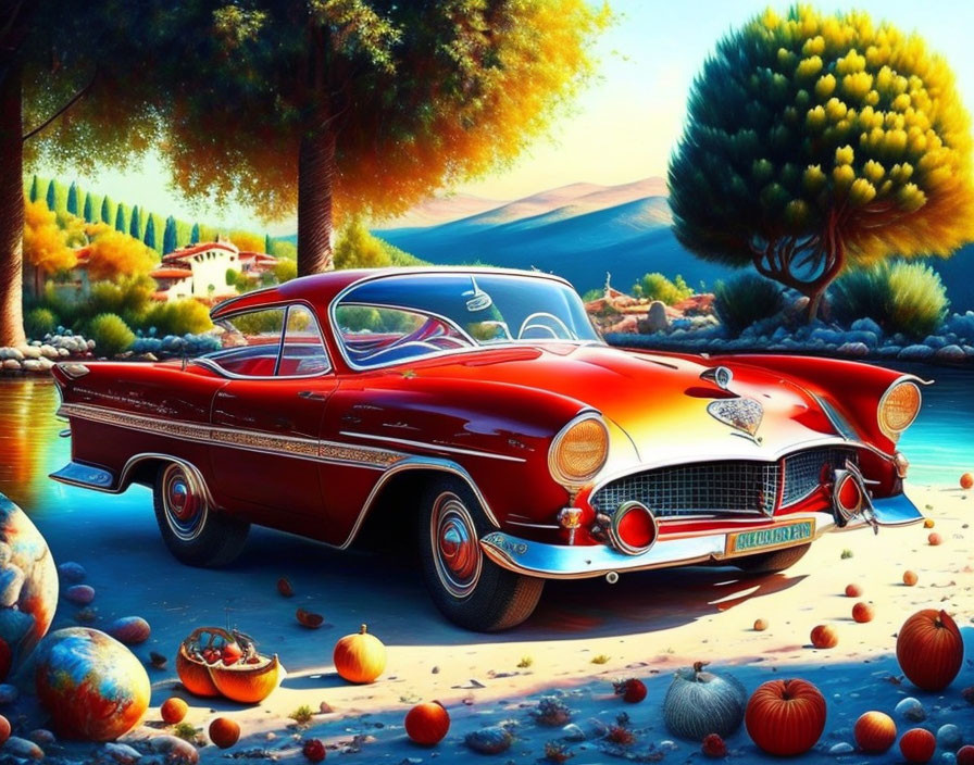 Vintage red and white car by lakeside in autumn scenery