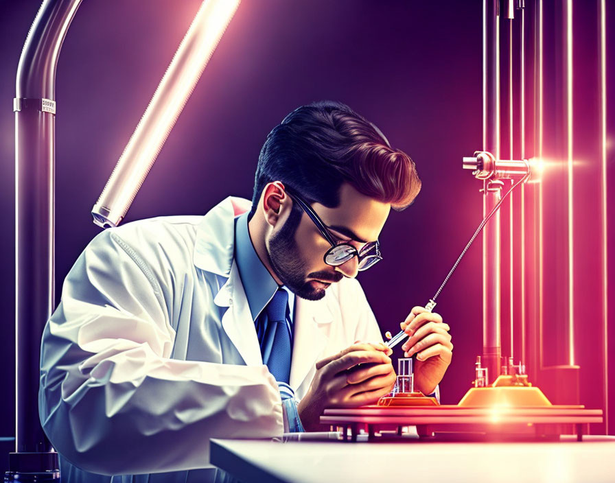 Scientist in lab coat examines sample with pipette in modern laboratory.