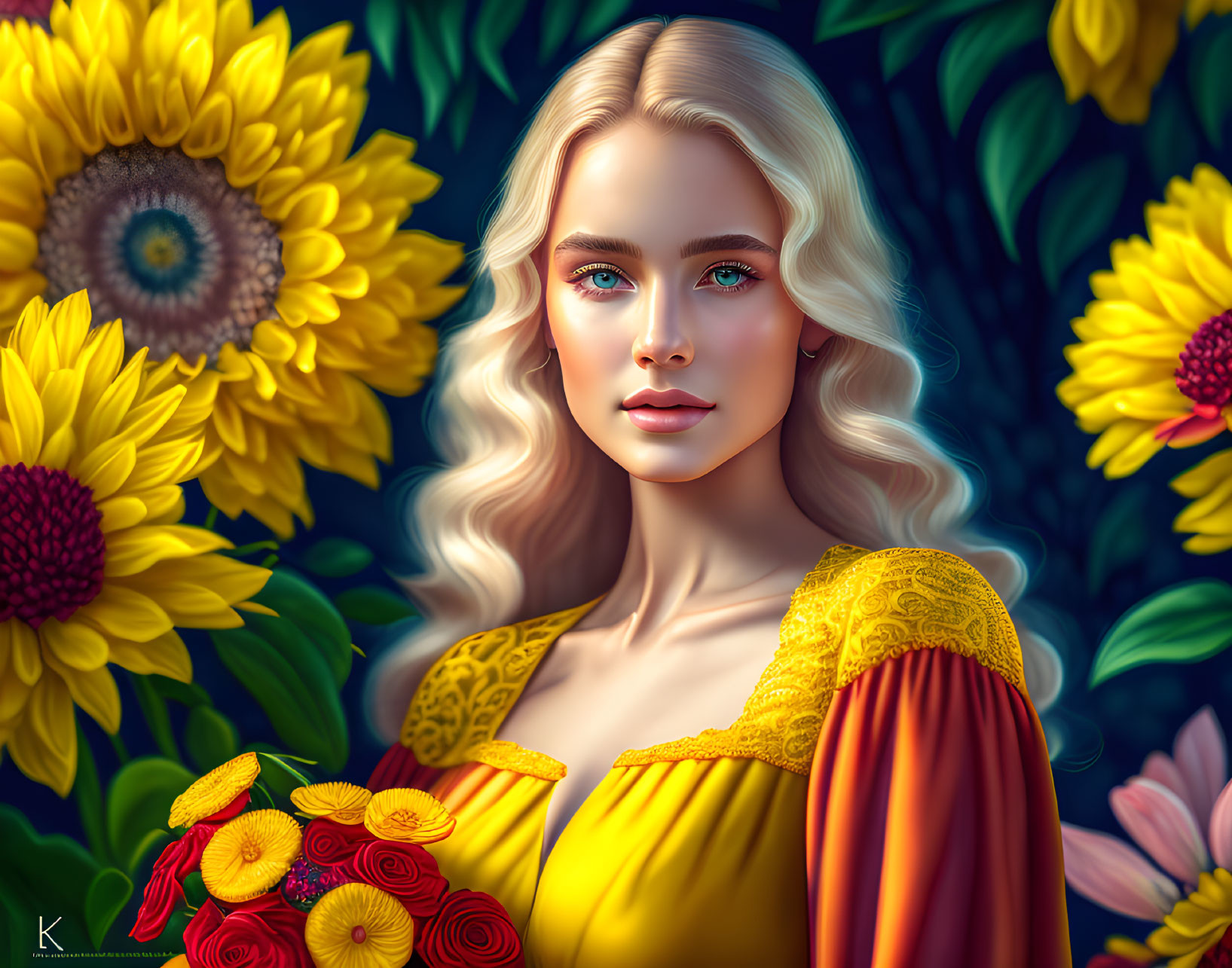 Blonde Woman in Yellow Dress with Sunflowers Background