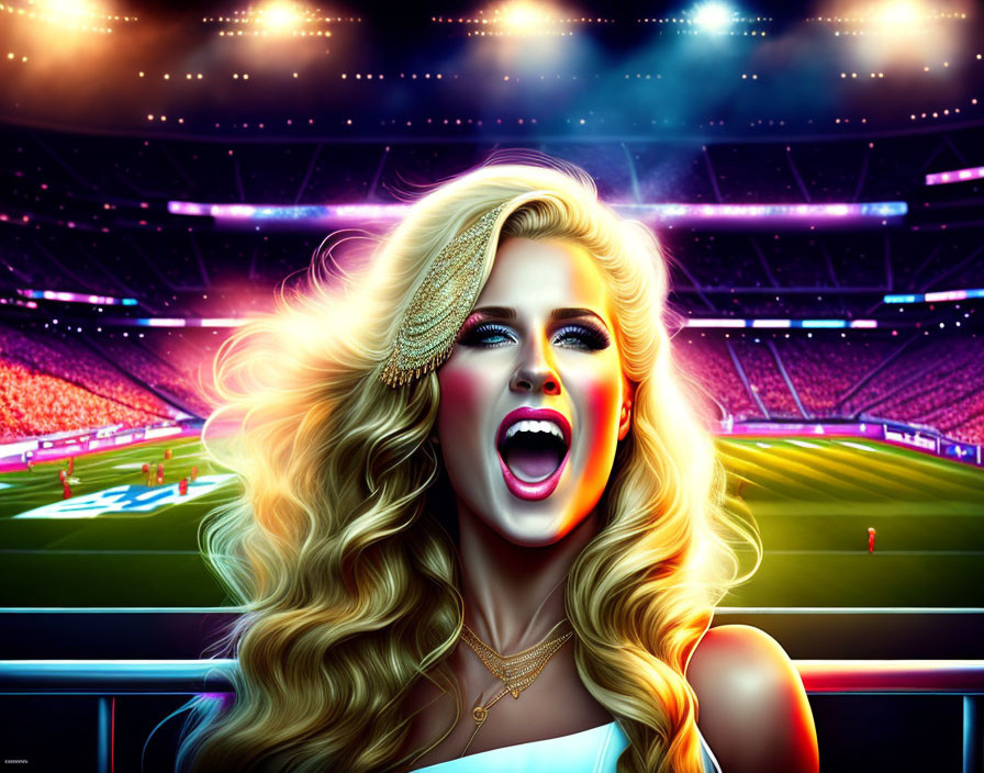 Vivid illustration of excited woman at soccer stadium