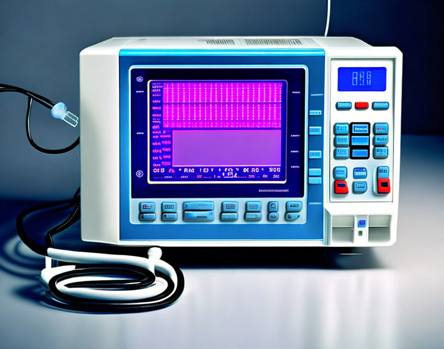 Blue Screen Medical Device with Graphical Interface and Control Buttons Showing Waveform