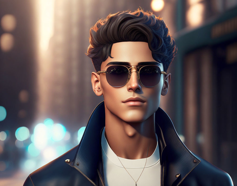 Fashionable young male in leather jacket and sunglasses against city backdrop