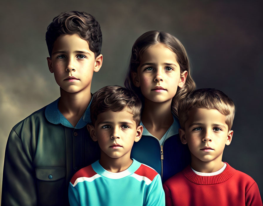 Four Children with Serious Expressions Against Dark Background