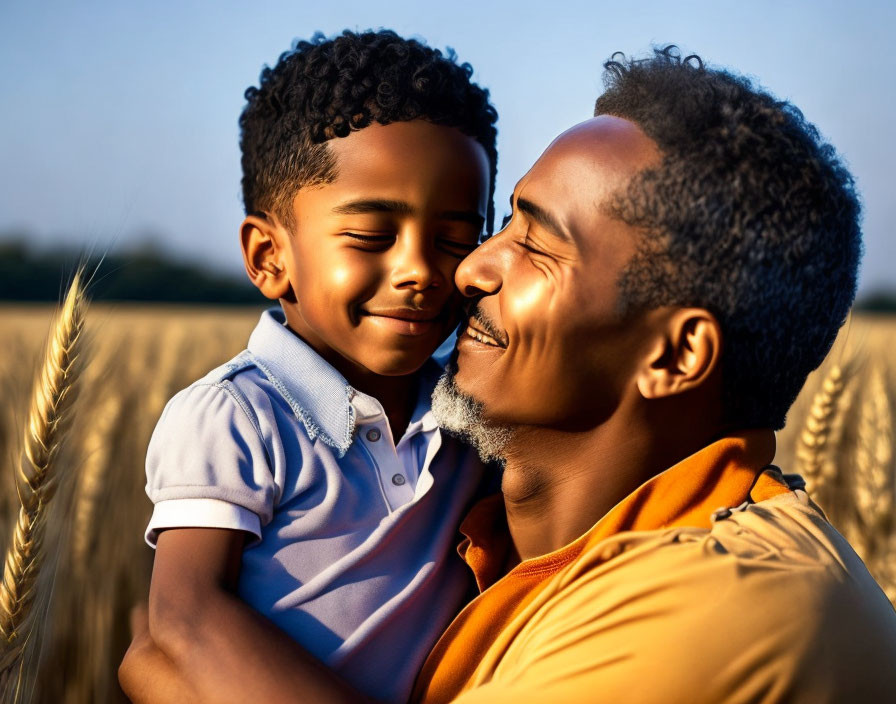 Smiling man and young boy in field at golden hour