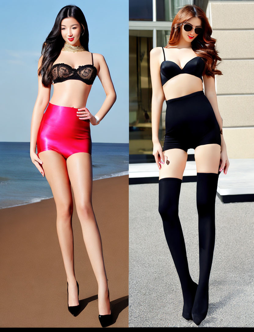 Stylish women in high-waisted swimsuits and heels posing confidently