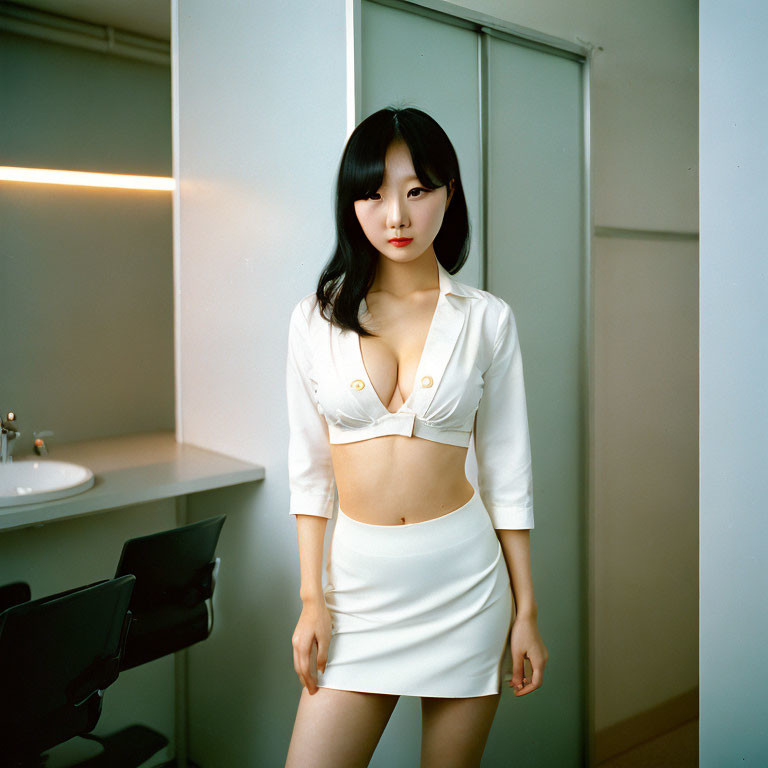 Woman in White Crop Top and Skirt in Room with Fluorescent Lights