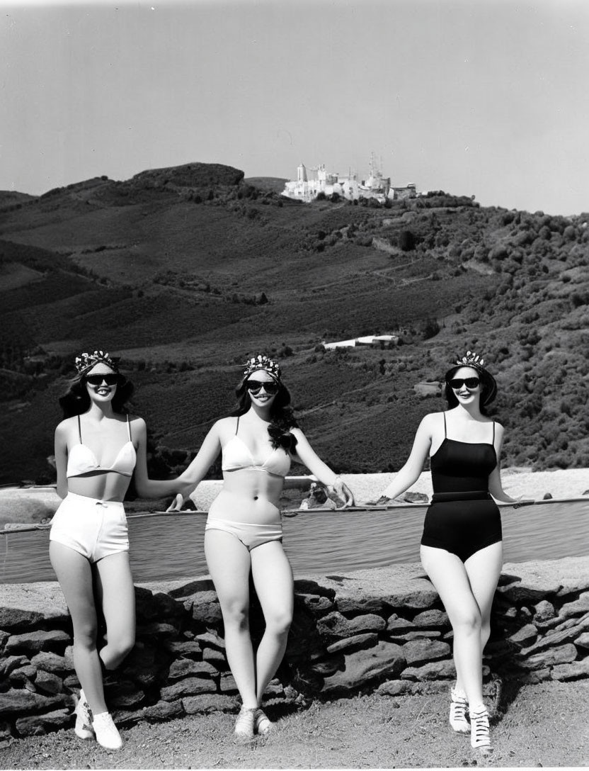 Vintage Swimwear and Sunglasses Pose by Pool