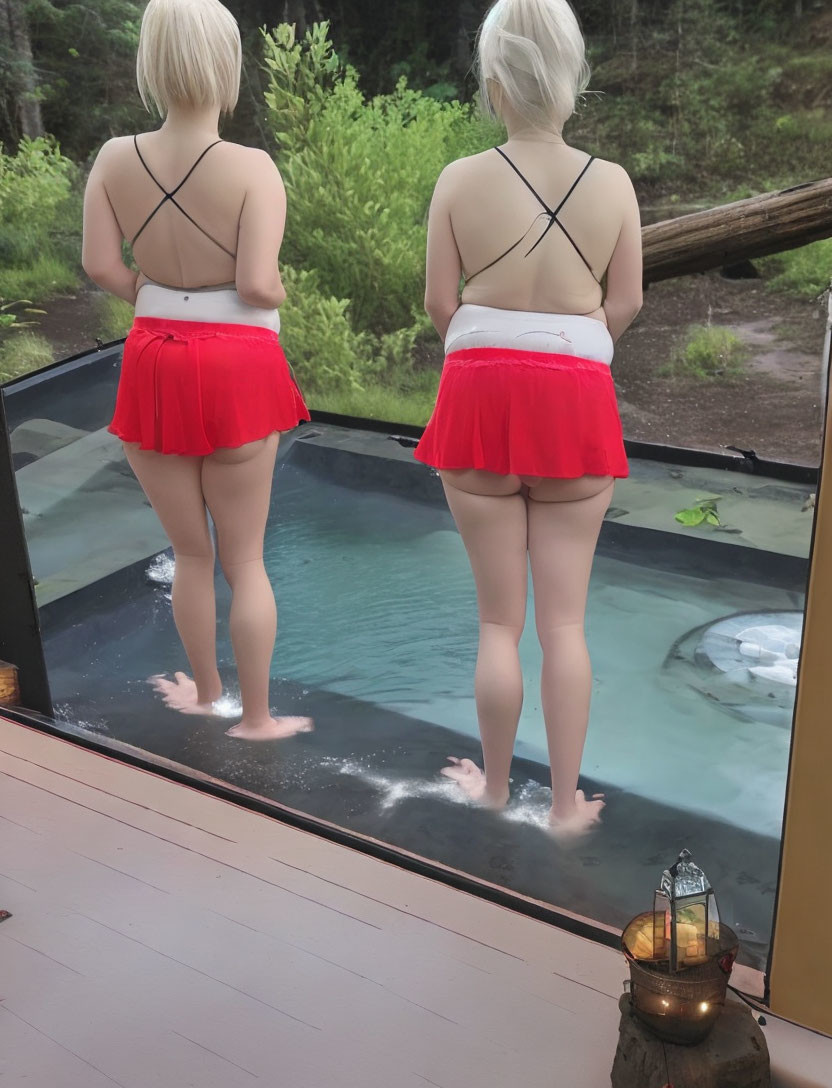 Two people in red skirts and white tops on glass floor above water.