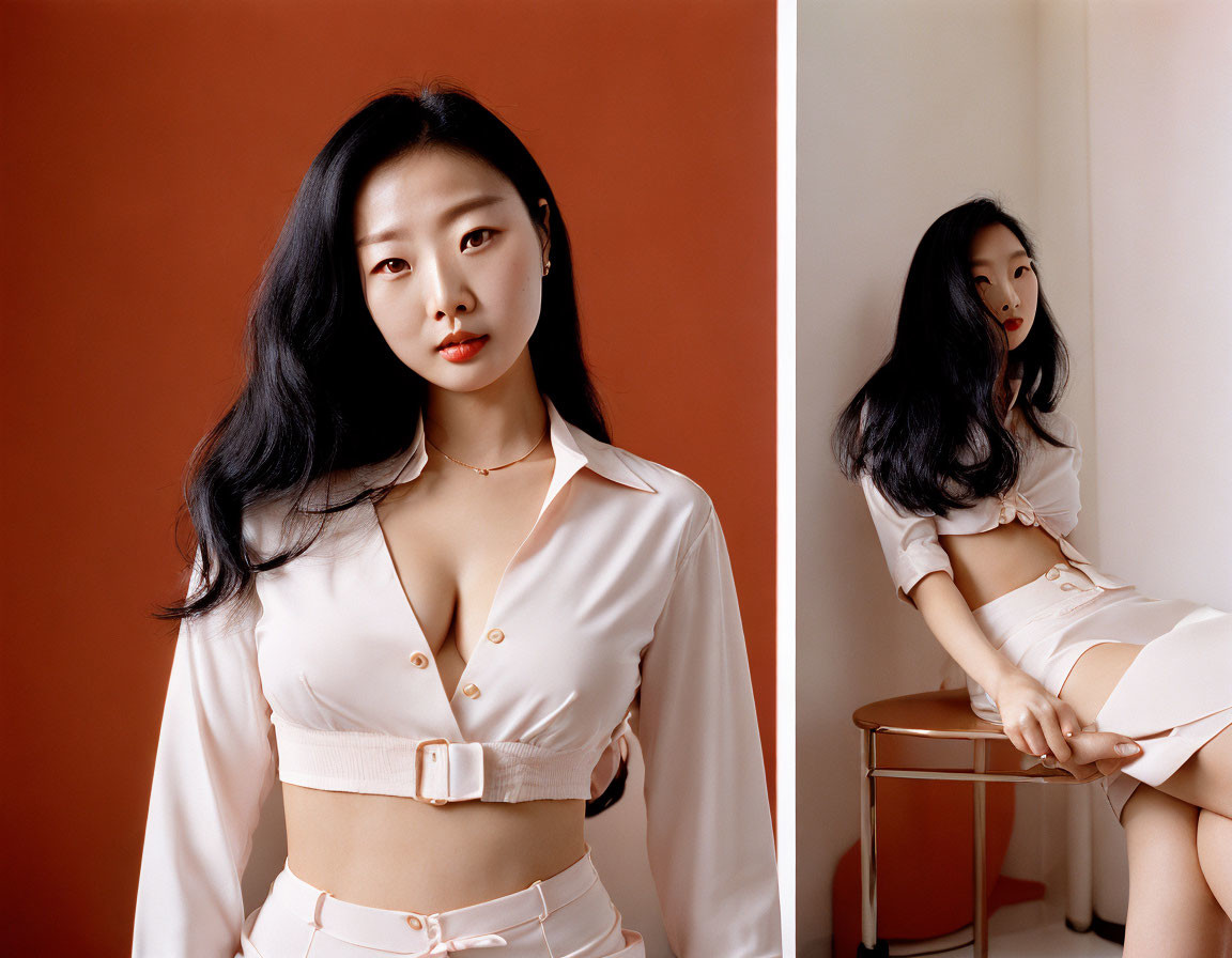 Fashionable Woman Poses in Beige Outfit in Room with Orange Walls