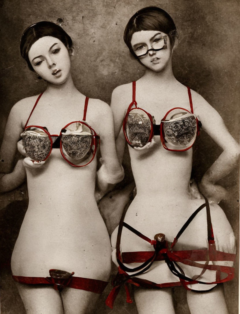 Vintage Swimwear and Diving Helmets Pose in Textured Backdrop