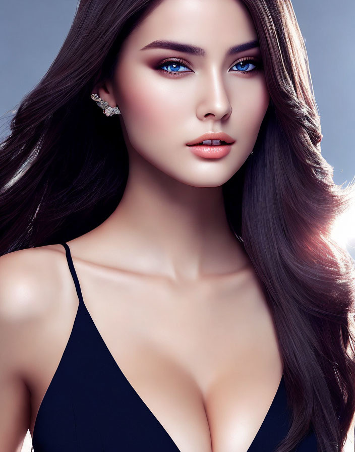 Portrait of Woman with Striking Blue Eyes and Dark Hair in Black Top