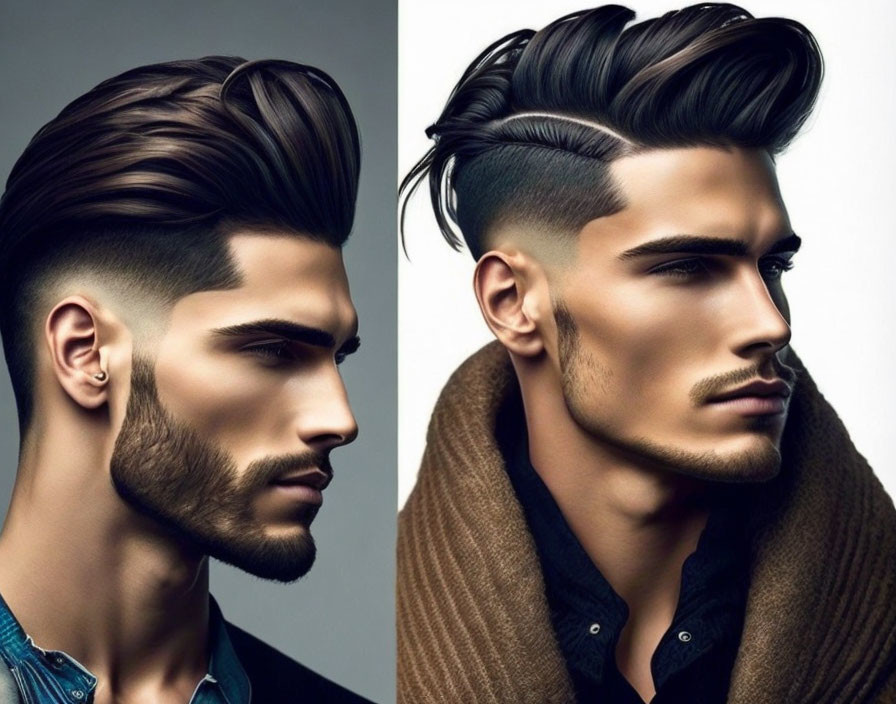 Man with voluminous pompadour and groomed beard in profile and three-quarter view.