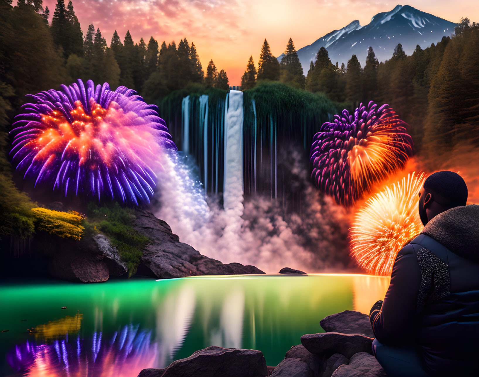 Person watching fireworks over waterfall with mountain at twilight