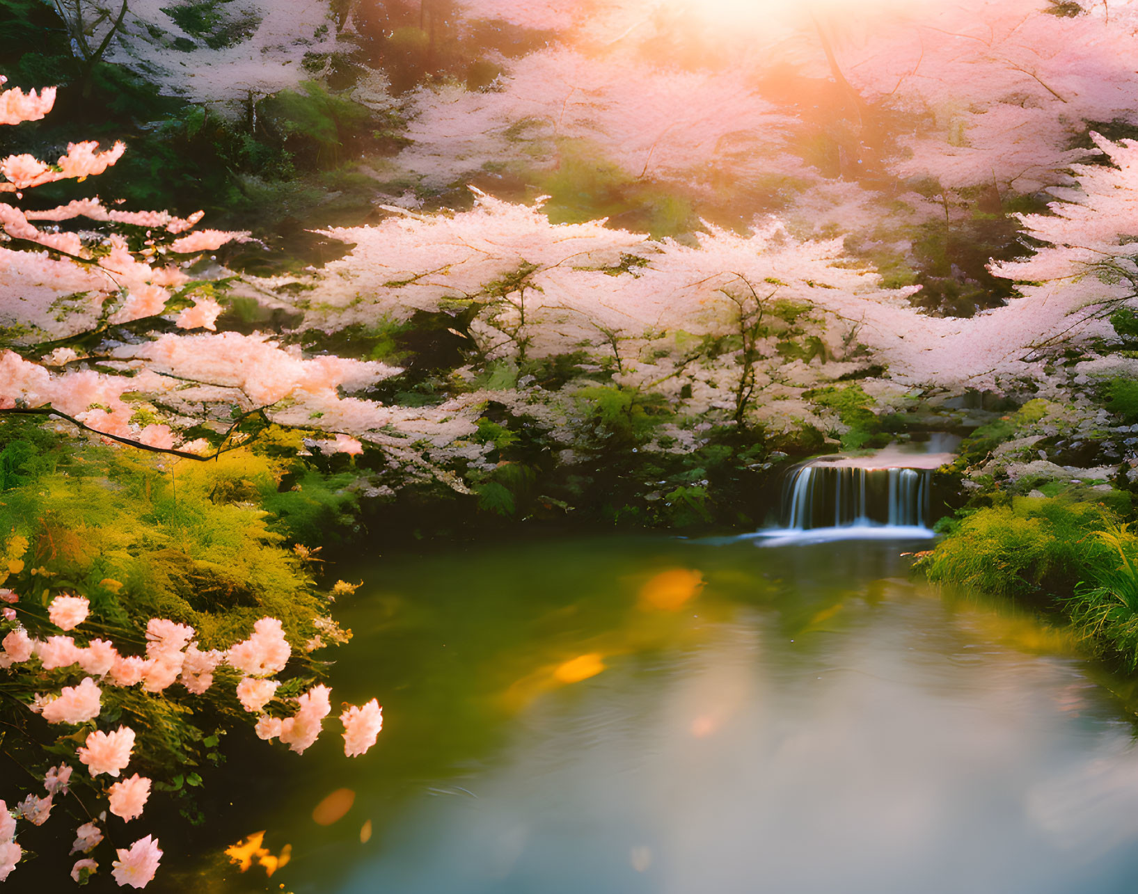 Tranquil waterfall with pink cherry blossoms and sunlight reflections