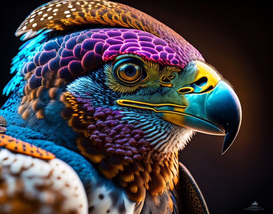 Colorful Bird Close-Up with Sharp Beak and Detailed Feathers on Dark Background