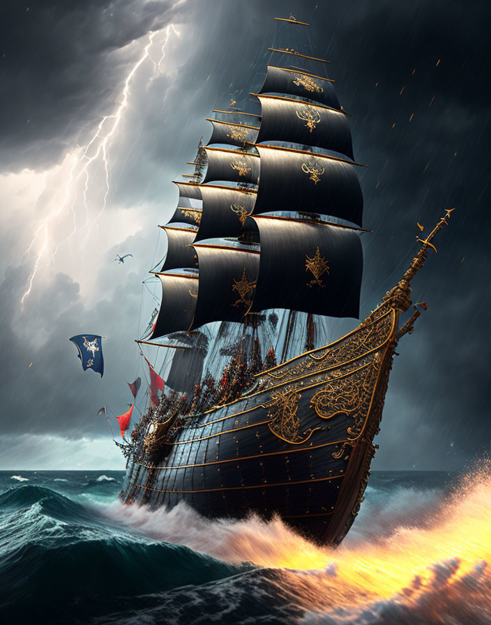 Majestic tall ship with black sails in stormy seas under lightning-filled sky