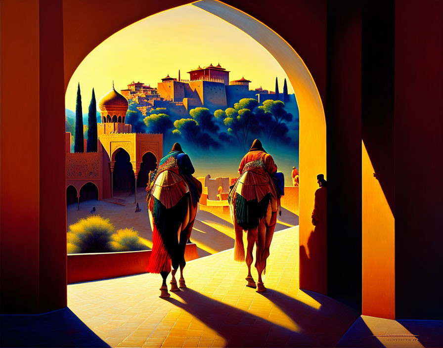 Two riders on camels near arched gateway in golden cityscape at sunset