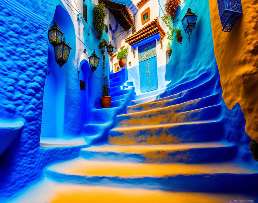 Vibrant Blue Alley with Lanterns and Blue Door in Chefchaouen