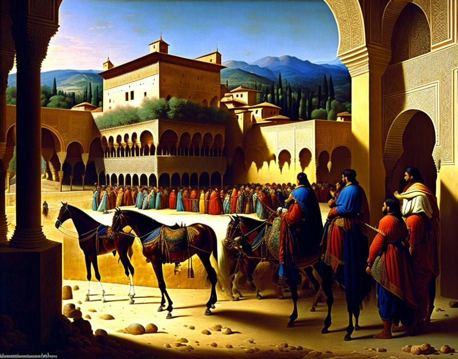 Historical painting of elegantly dressed figures in a courtyard.