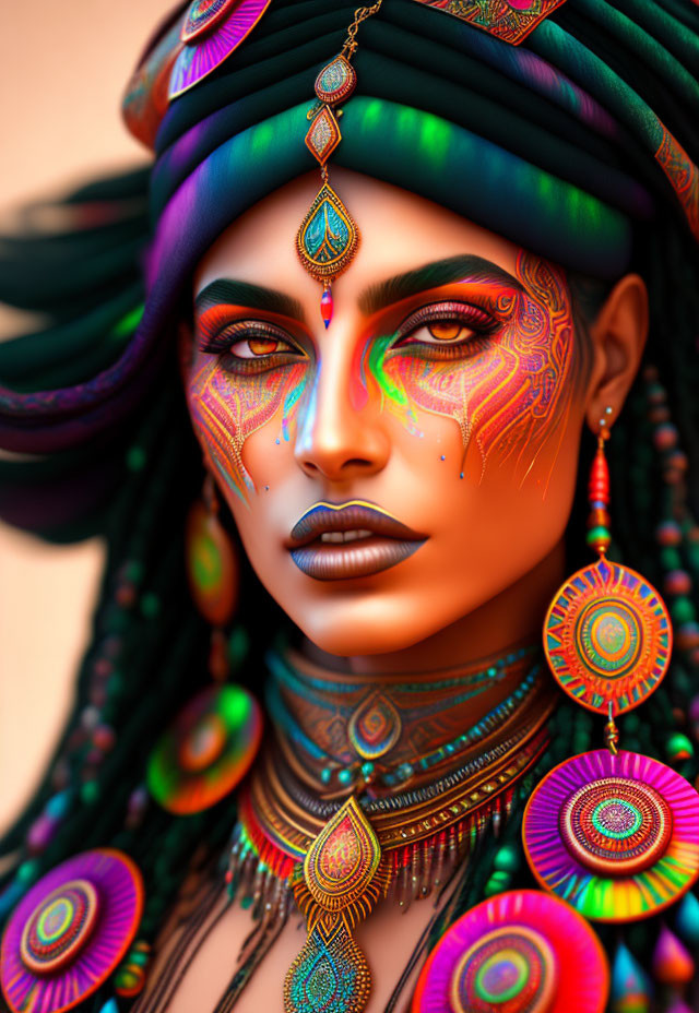 Person with vibrant face paint, turban, ornate jewelry, intense gaze