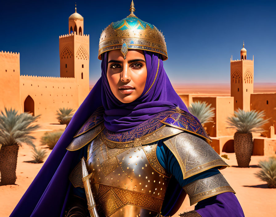 Medieval woman in ornate armor with blue cloak in desert fortress setting