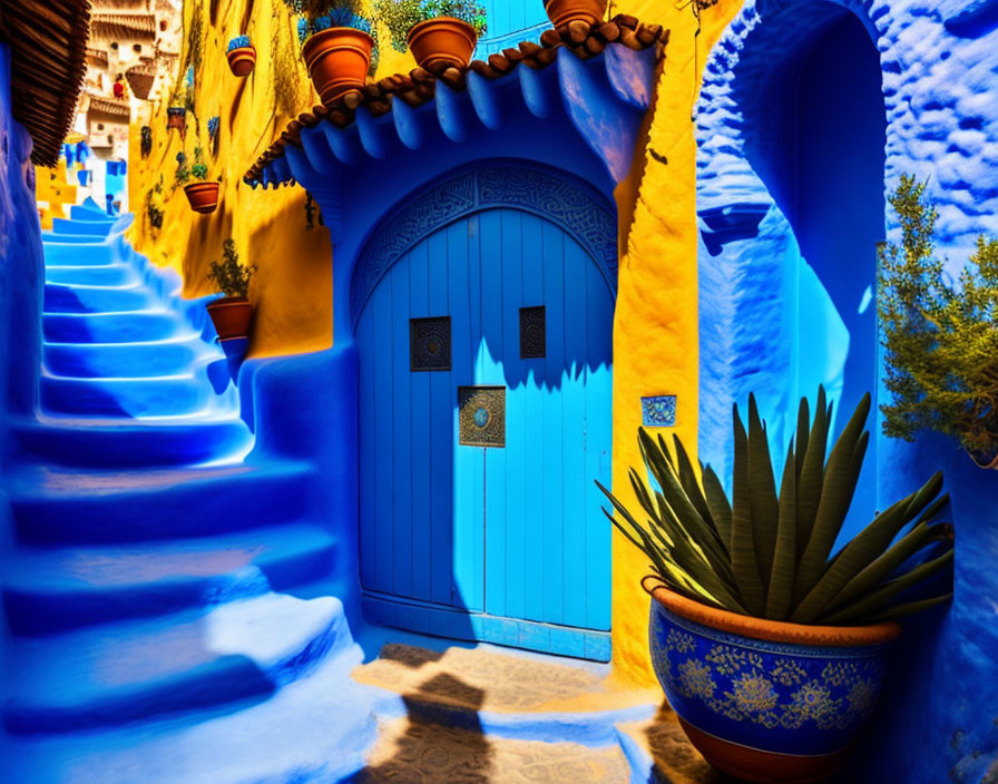 Vibrant blue stairs, walls, and traditional door with green potted plant in sunny alleyway