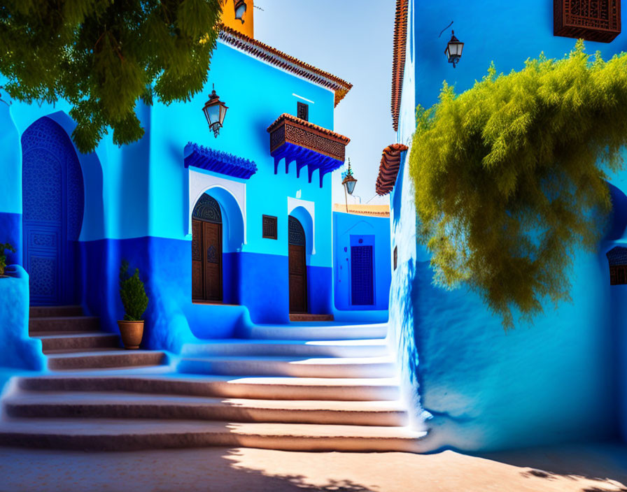 Vibrant Moroccan architecture with terracotta pots and green foliage against clear sky