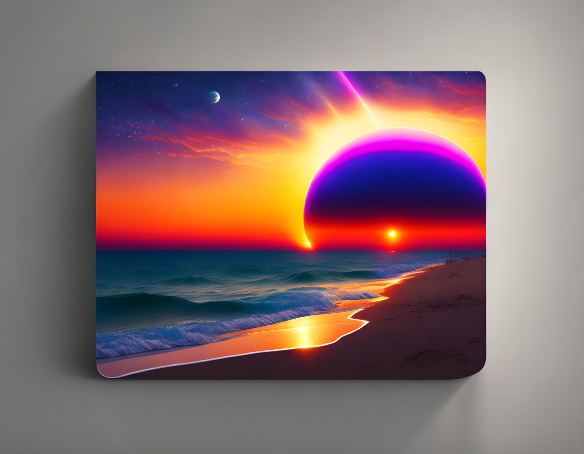 Surreal beach scene with large purple sun setting over ocean