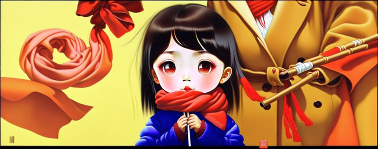 Stylized animated girl with large eyes in red scarf and coat beside figure in yellow coat with sword