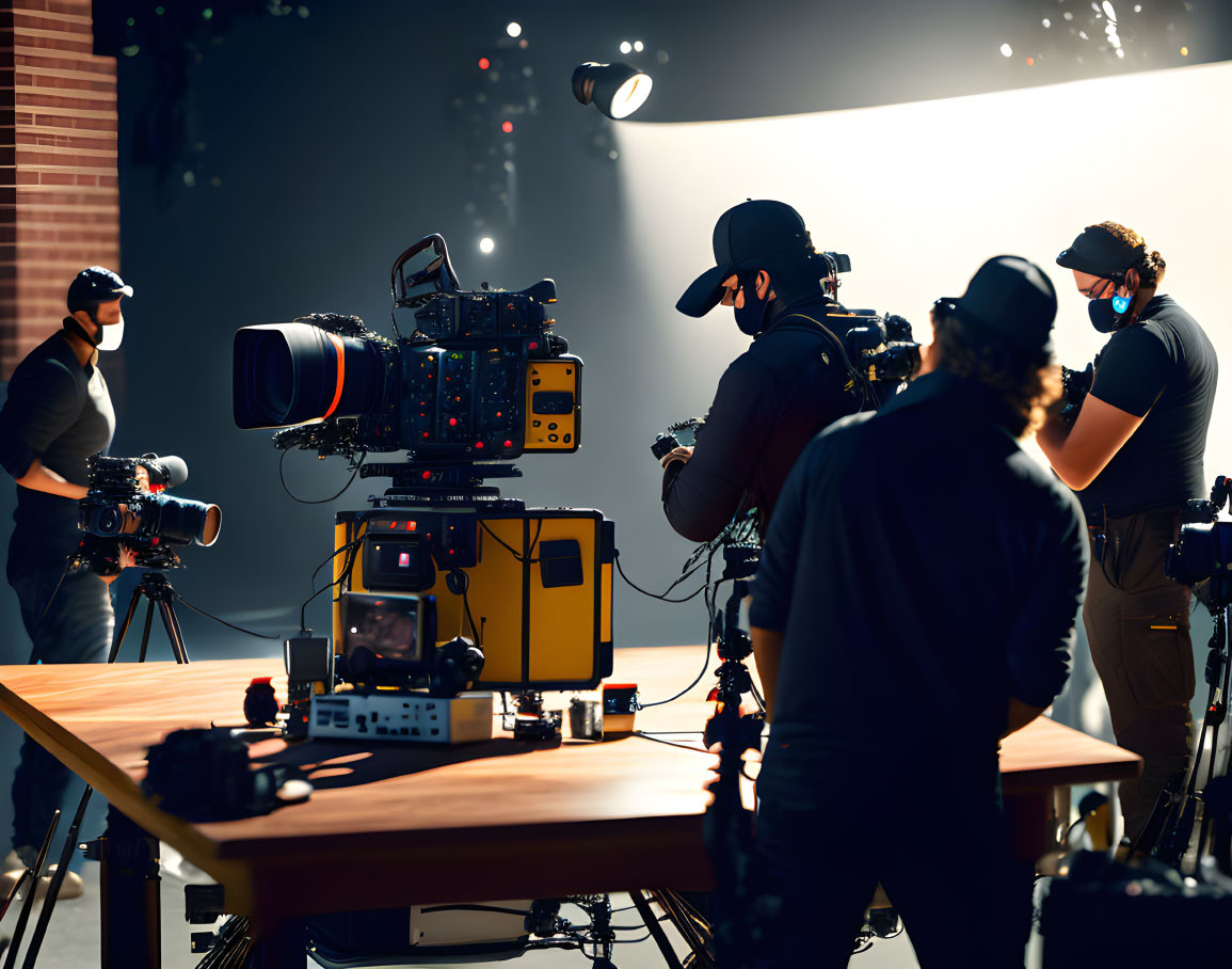 Professional Film Crew Capturing Scene with Cameras and Lighting on Set