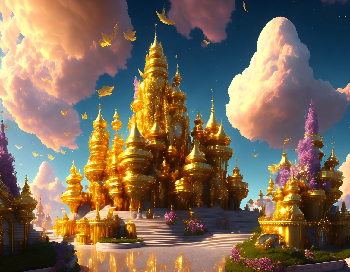 Golden city with ornate towers under magical sky and floating islands.