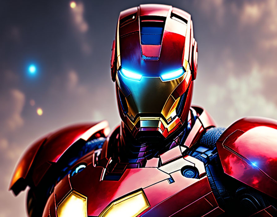 Red and Gold Iron Man Helmet with Glowing Blue Eyes on Blurred Background