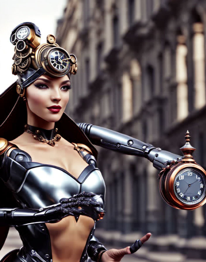 Steampunk woman in metallic arm and headgear holding pocket watch