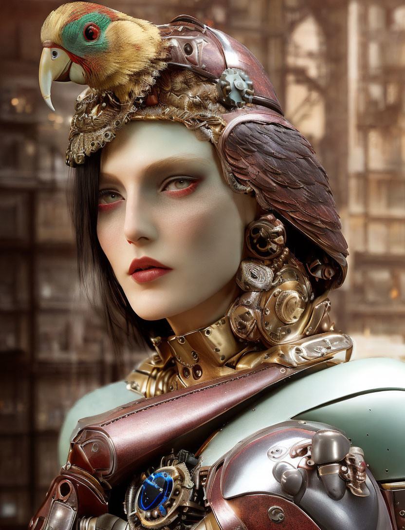 Futuristic knight armor woman with mechanical parrot