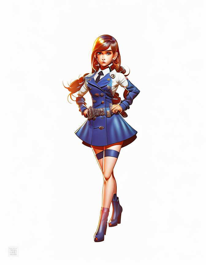 Anime-style illustration of girl in blue military outfit