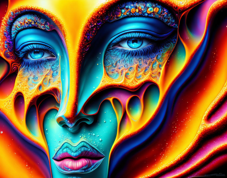 Colorful Psychedelic Digital Artwork of Surreal Face with Detailed Features