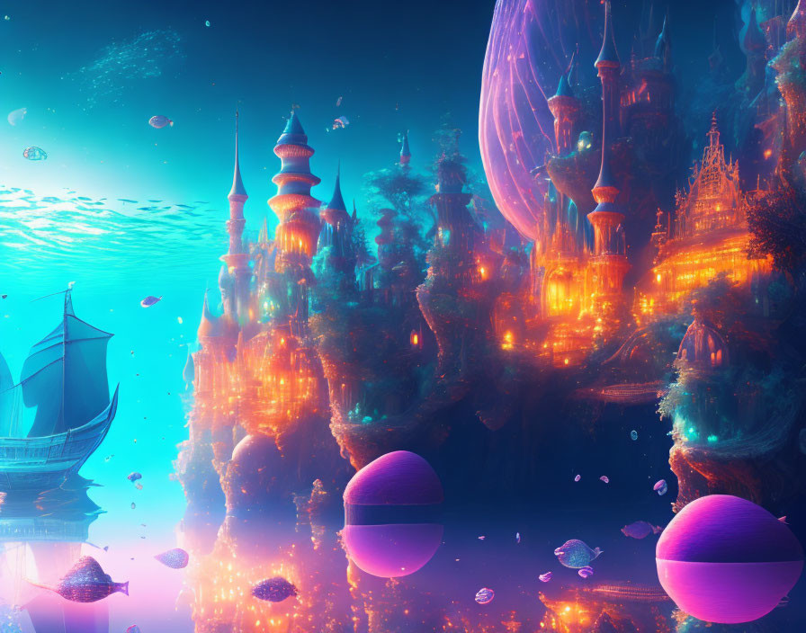 Glowing underwater city with marine life and sailing ship in neon-lit dreamscape