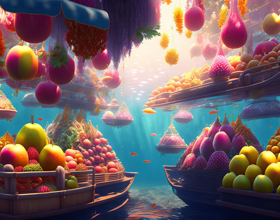 Vibrant floating boats with fruits under whimsical sky