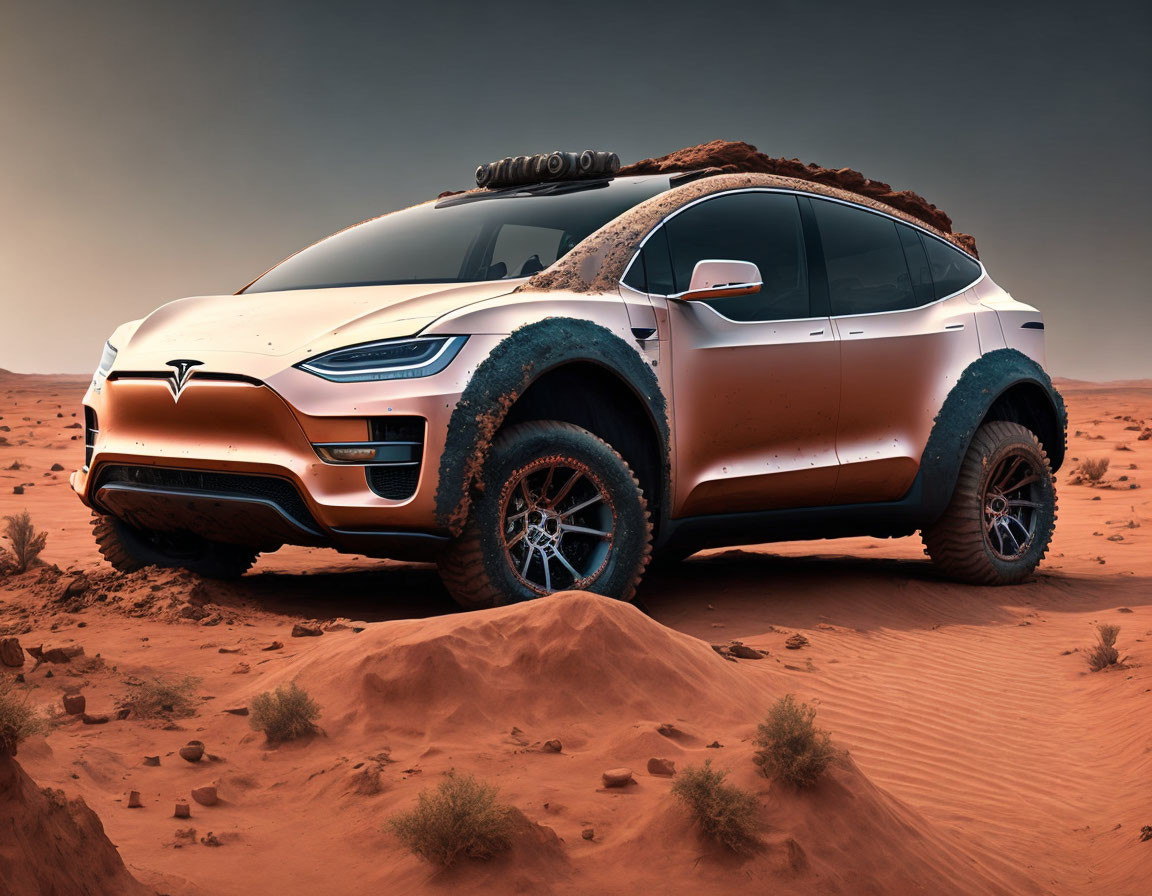 Modified Tesla Model X with Off-Road Tires and Roof Rack in Desert Landscape