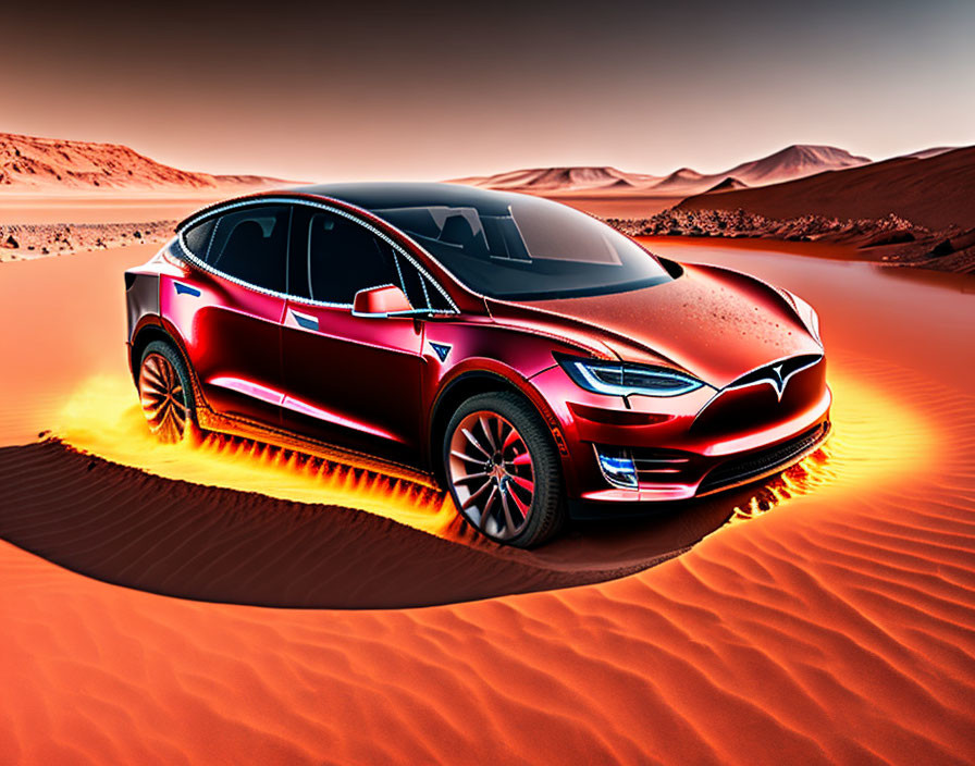 Red Electric SUV Driving Through Desert Terrain with Sand Dunes - Futuristic Adventure Setting