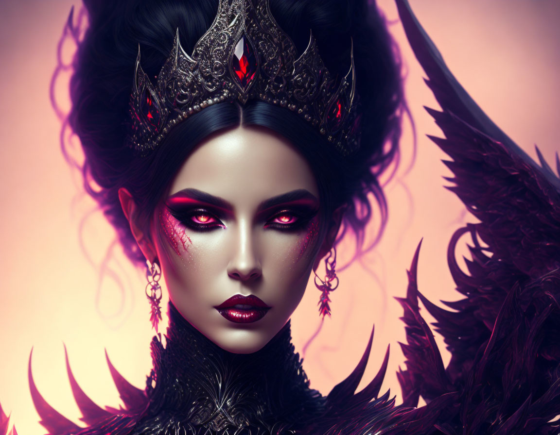 Regal figure with red eyes, black crown, dark feathers, pink backdrop