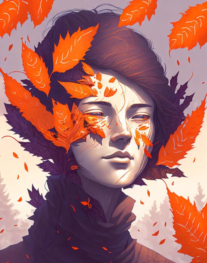 Woman in Autumnal Artwork Surrounded by Orange Leaves