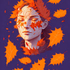 Woman Portrait Surrounded by Autumn Leaves on Purple Background