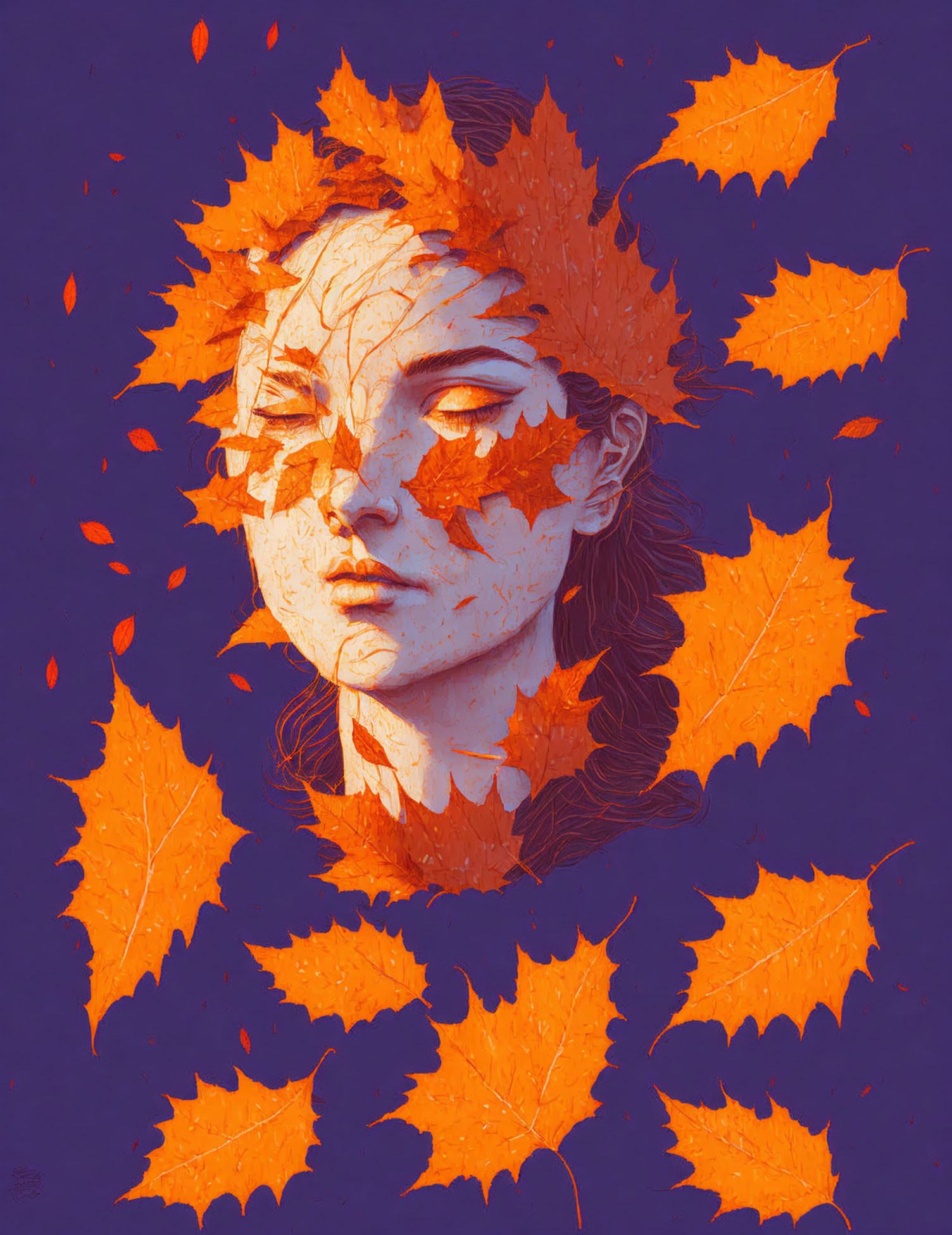 Woman Portrait Surrounded by Autumn Leaves on Purple Background