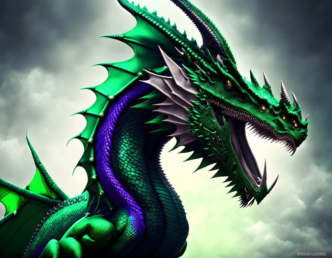 Detailed digital art of fierce green dragon with scales and horns on cloudy sky background