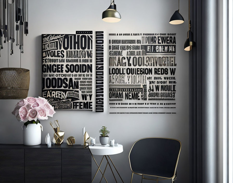 Contemporary Black-Walled Home Office with Desk, Chair, Pendant Light, and Typographic Wall Art