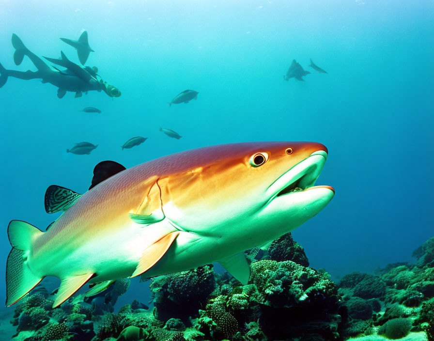 Colorful Underwater Scene: Large Fish and Sharks Among Coral Reefs