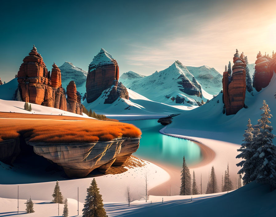 Snowy mountains, turquoise river, red rocks, and evergreen trees in serene winter landscape